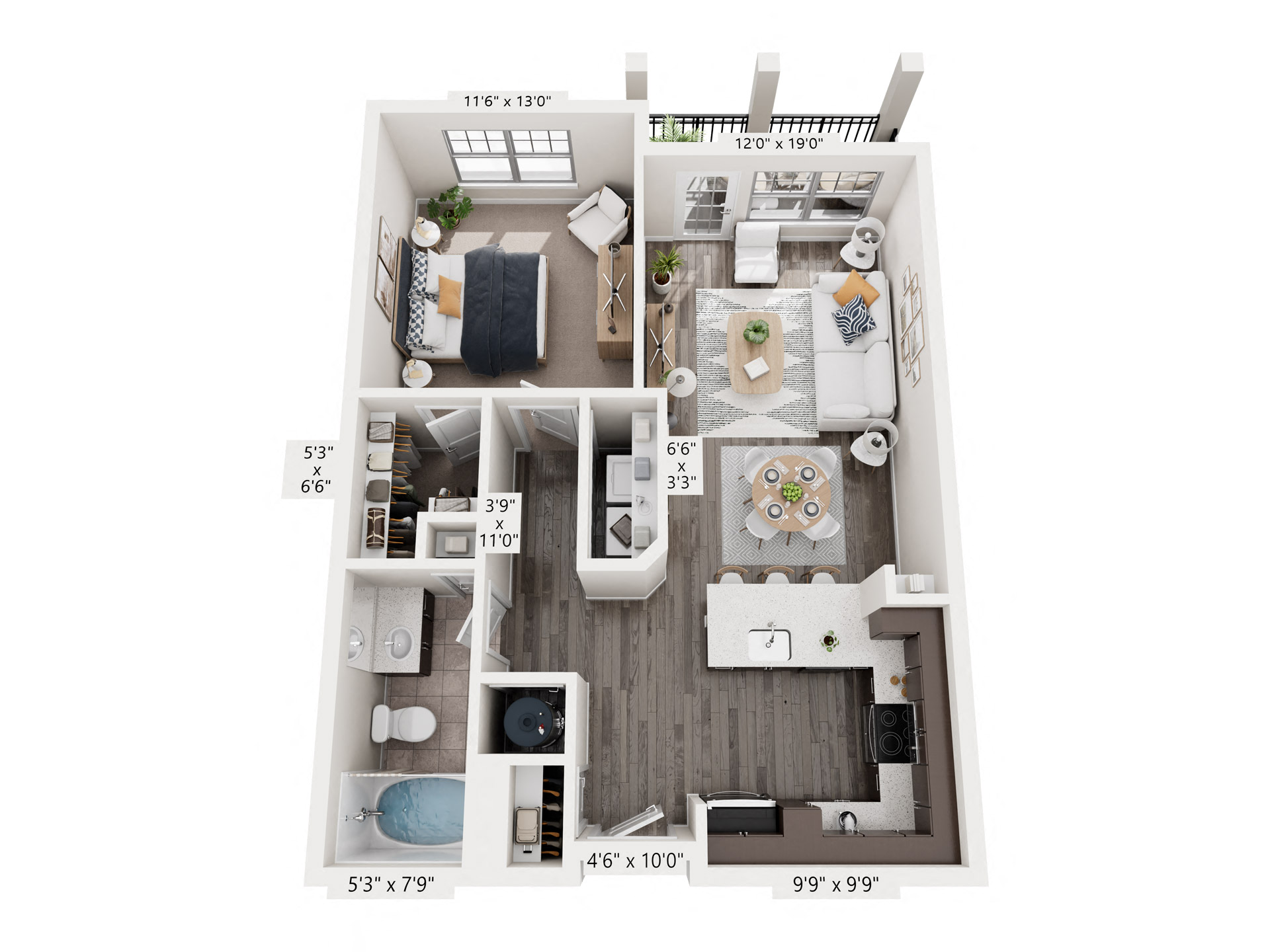 Floor plan for 1 bed, 1 bath, 752 sqft